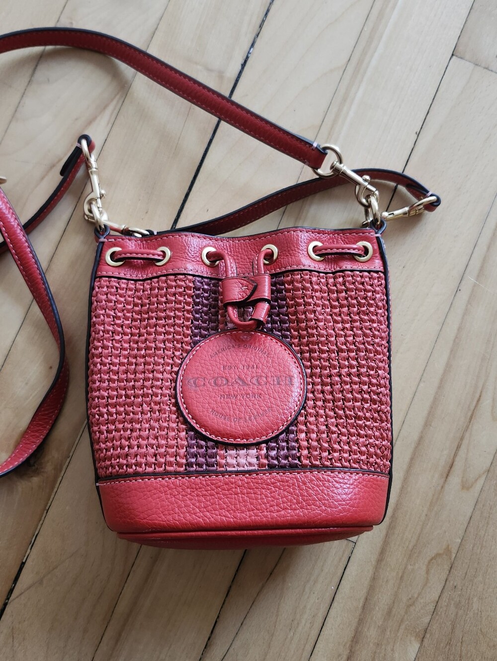 Small Coach Red Woven Leather Drawstring Crossbody Bag